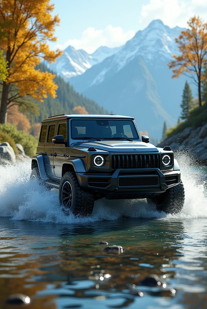 An SUV crosses a river. There were a few trees with slightly yellow leaves and mountains in the distance, but most of the leaves were still green. The Angle of the car is sideways or oblique, and the airflow turning the wheel makes some splash