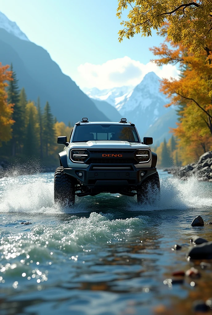 An SUV crosses a river. There were a few trees with slightly yellow leaves and mountains in the distance, but most of the leaves were still green. The Angle of the car is sideways or oblique, and the airflow turning the wheel makes some splash