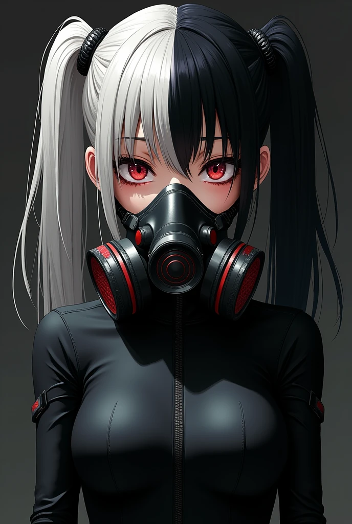 Create an anime style character with pigtails with hair on one side black and the other white and with bangs with a gas mask and a black outfit and looking like a crazy woman who escaped from caps