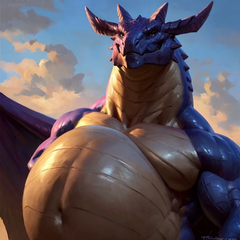 Detailed painting, by Taran Fiddler, closeup, outlook view, wide angle, dragoness, full body, feral, dainty, friendly, colorful, rounded snout, wings, pregnant-like belly, round belly, dominant belly, huge belly, bloated belly, big muscles, wide body, thick body muscles, powerfull muscles, beefy muscles, thick neck, beefy neck, tall, enormous, giant, gigantic, colosssal size, gargantuan, kaiju, powerfull look, badass look, looking at viewer