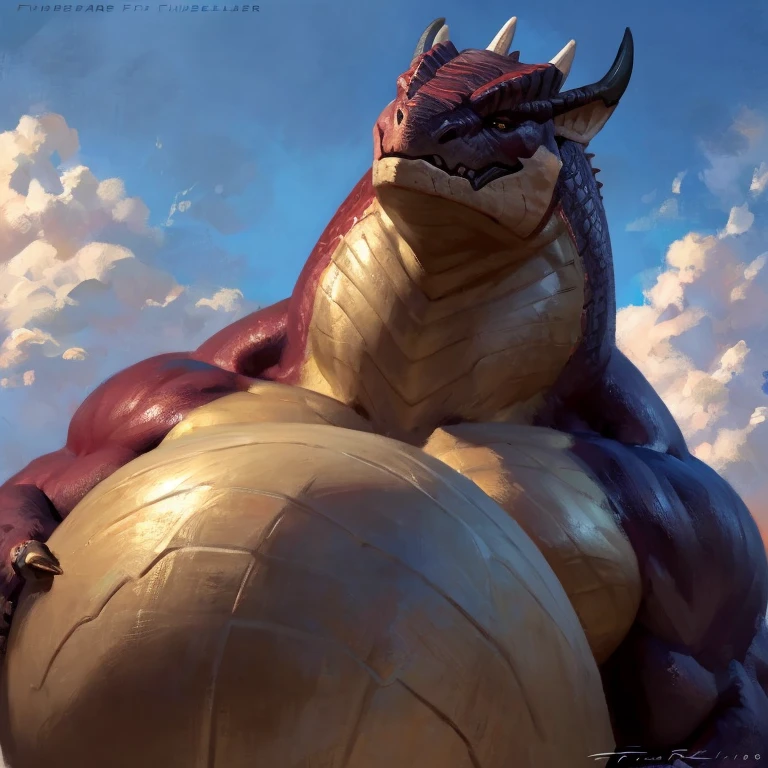 Detailed painting, by Taran Fiddler, closeup, outlook view, wide angle, dragoness, full body, feral, dainty, friendly, colorful, rounded snout, wings, pregnant-like belly, round belly, dominant belly, huge belly, bloated belly, big muscles, wide body, thick body muscles, powerfull muscles, beefy muscles, thick neck, beefy neck, tall, enormous, giant, gigantic, colosssal size, gargantuan, kaiju, powerfull look, badass look, looking at viewer