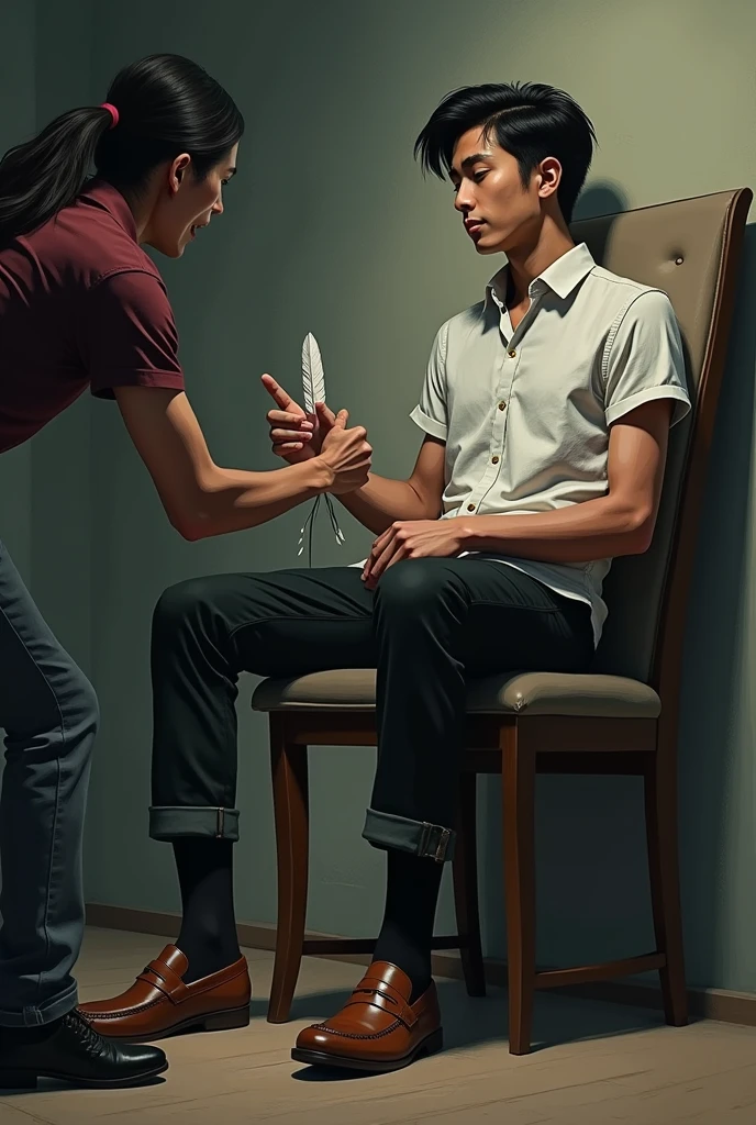Naim is a 2 handsome student with a neat shirt,wearing loafers and black socks from Malaysia was kidnapped, tied at the hands and feet in the chair,his mouth was covered with a rag There was a male kidnapper pointing a chicken feather at Naim to force Naim to tell a secret