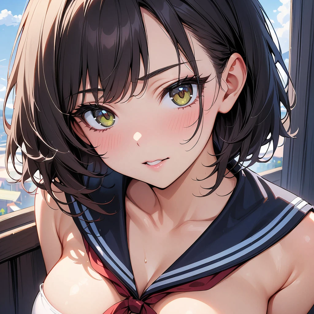 (Highest quality, 4K, masterpiece :1.3), Beautiful woman, 1 girl, (chest, Attractive body :1.2), JK:1.1, Sailor suit, Highly detailed face, Lip details, Beautiful Eyes、Cat ear、Red face
