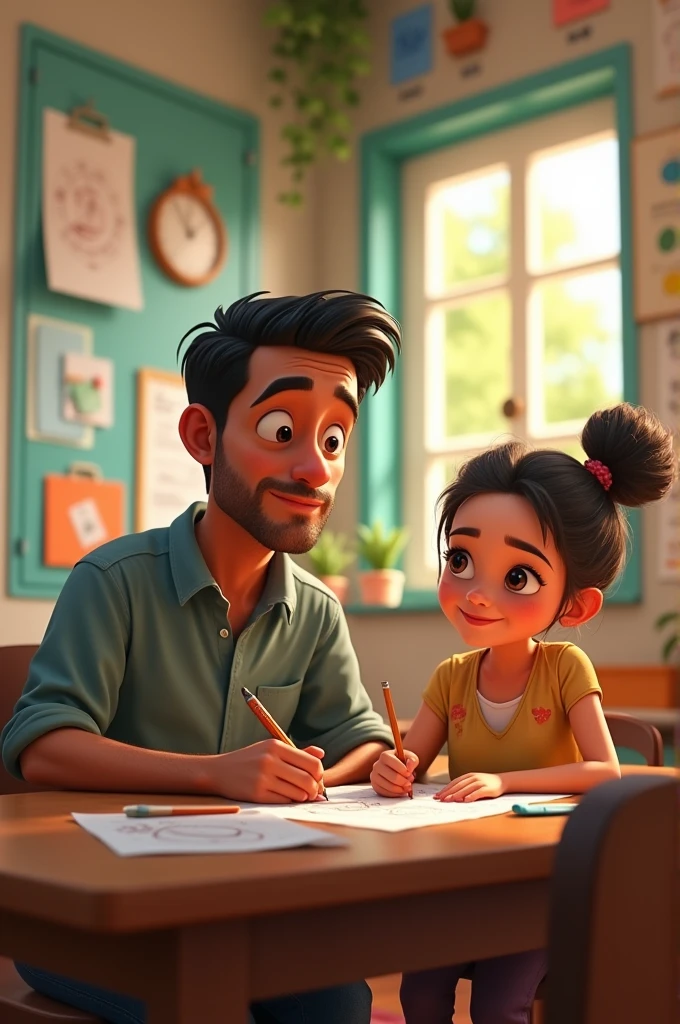 40 year old Latino teacher in a language village at his desk next to his Latino daughter year 2015 drawing pixar style