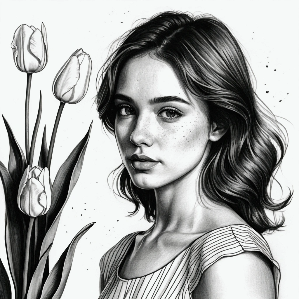 a portrait of a beautiful woman, sun dress, defined black lines, 1 girl, just, water, hugging tulips, simple background, white background, monochrome, arte linear, ((Contour)),((high qualiy, Artwork:1.4)), 1 girl, ((trunk)), portrait sketch, messy drawing, messy coal stains, Contour inacabado, sketchbook charcoal style drawing of a woman, sketchbook drawing, sketchbook, nice hair, medium short hair, gorgeous face, Symmetrical face, Symmetrical eyes, ((paper material background)), realistic coal lines, imperfect drawing, coal crumbs, coal lines, Imperfection, Fade Contour, Contour sQueratogray (Eddymauro Mix)