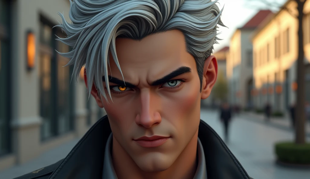 masterpiece, 2.5D, hyperrealism anime, close-up portrait, male, early 20s, intimidating presence, medium-length masculine-styled silver hair, striking heterochromia:1.4 {one steel gray eye, one amber eye}, intense gaze, chiseled jawline, confident smirk, hint of muscular physique, college setting background, preppy rich kid style clothing, sharp details, dramatic lighting, high contrast, ultra high resolution