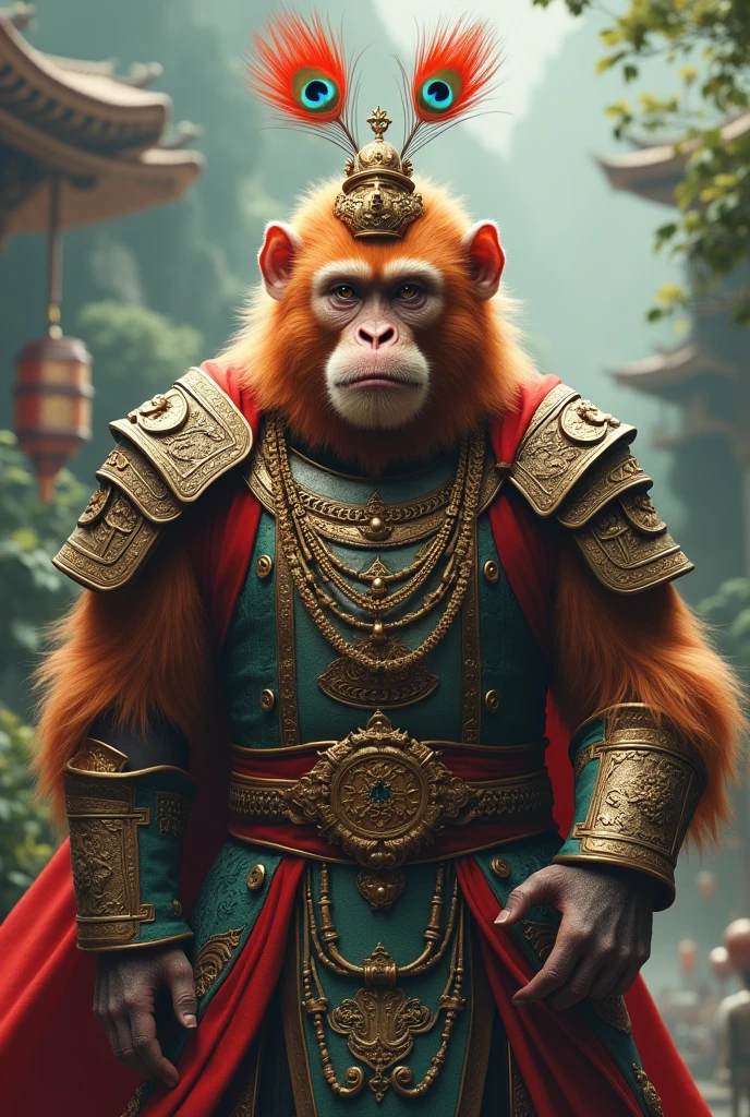 Mongkey king With brown fur a bit orange
with armor chinese general With 2 long peacock feathers on its head