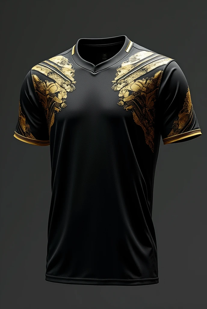 A black soccer jersey with designs and gold on the back and a more special design on the front but not so special that it has several things on the front and back like a splash paint on the back, not on the sides, that has a bit of stripes and a more creative back that has a bit more gold without the horizontal stripes but with more gold and cool. 