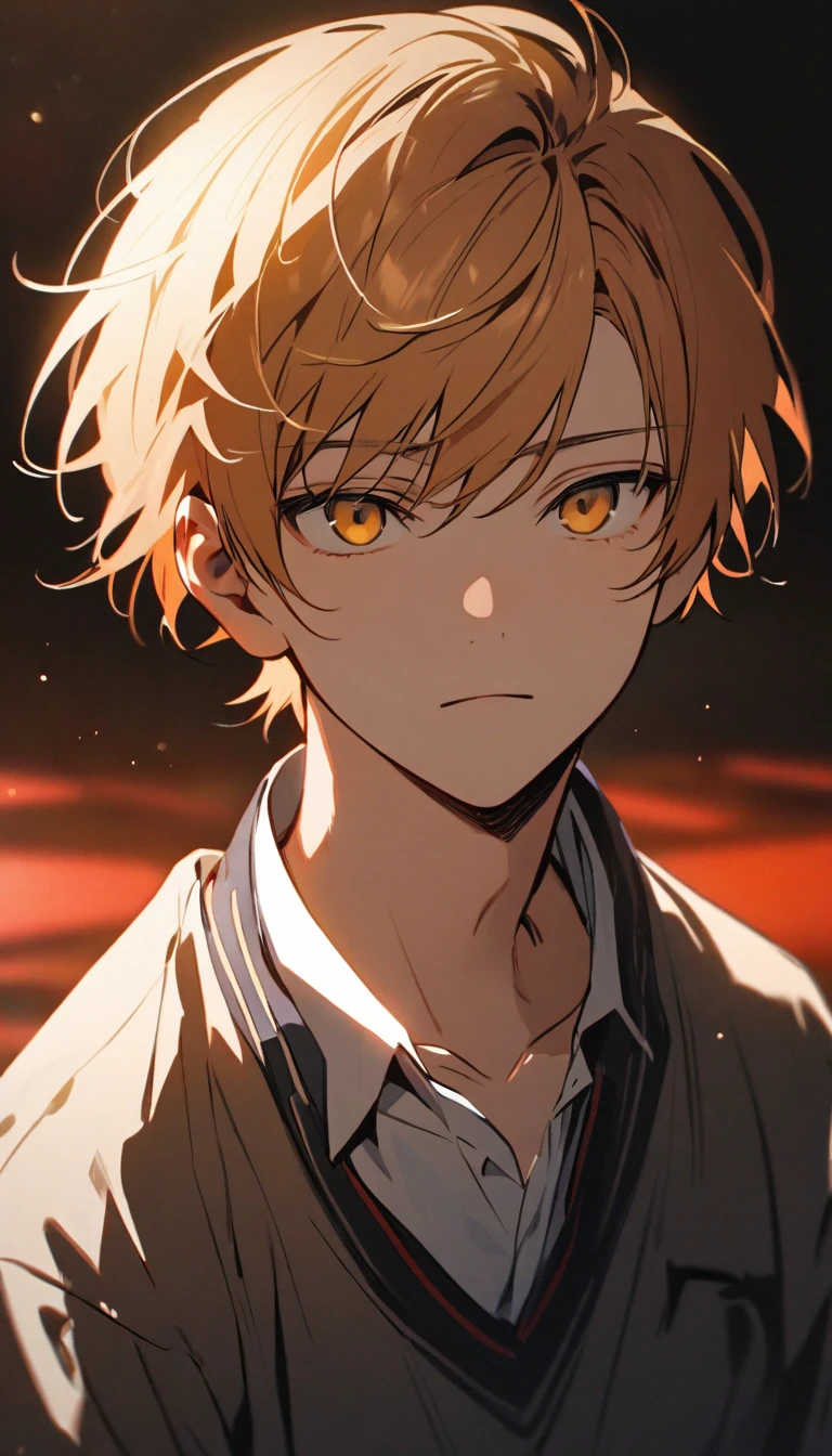 strawberry blonde hair, golden eyes, young male, handsome, cool, teenager, emotionless, calm, japanese school uniform, solo