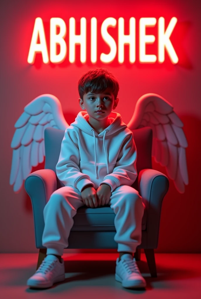 Create a 3D illusion for a profile
picture where a  boy in a
white hoodie sitting casually on a
wingback chair. wearing a snackers,a
white, he looks ahead. The
 background features "Abhishek" in
big capita red neon light fronts on
 the back wall, there should not be his shadow, and there are wings to make
 it appear as
If he is an angel.