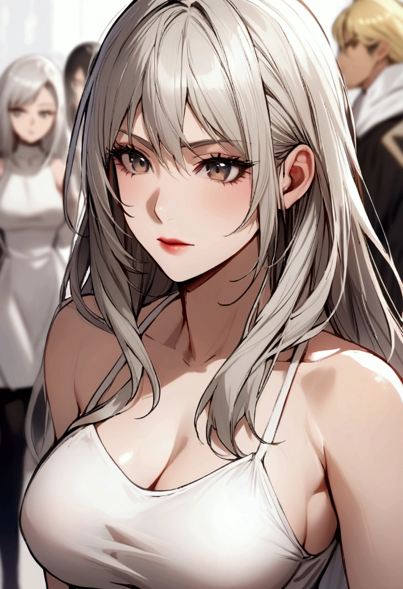 slender, mature female, 1girl, multiple_girls, long_hair, white_hair, blurry, close-up, bare_shoulders, blonde_hair, standing, breasts, depth_of_field, grey_hair,