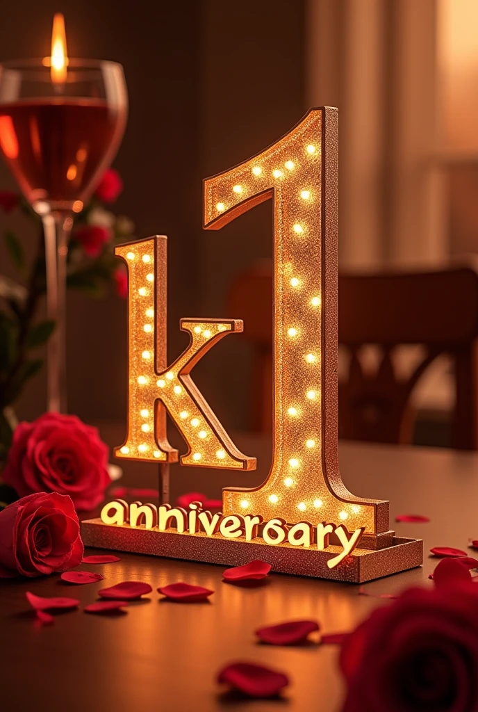 A big number "1", write "Year Anniversary" at the bottom of the number, background romantic celebration,Merg "K B" with the number "1"