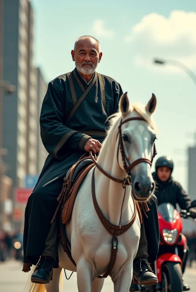 Mongolian old man wear mongolian nationel black color deel and ride his white horse and his son ride a his red color ktm 450 super moto in ulaanbaatar city