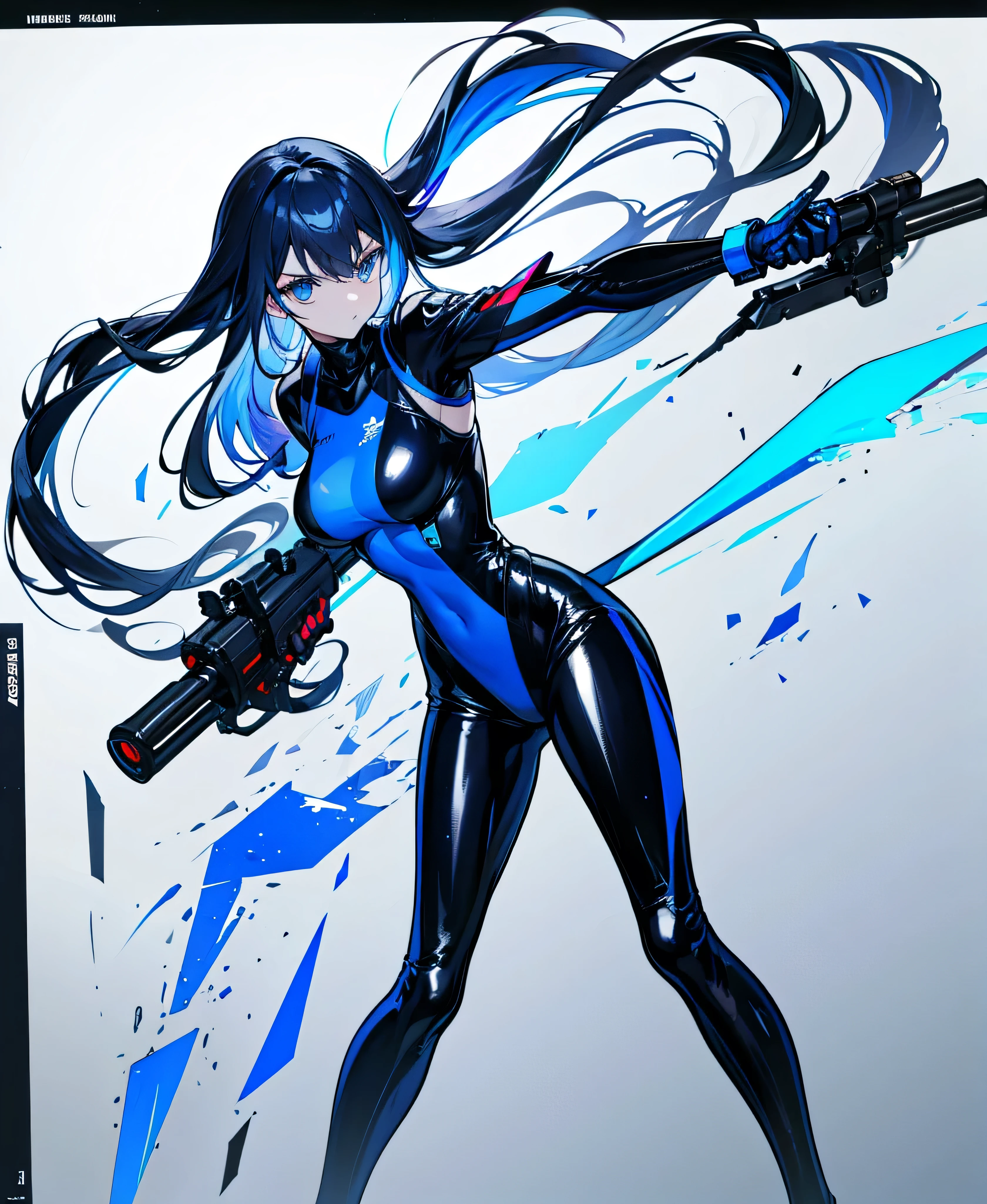 There is no background,,Carry a firearm,Patent leather tight suit,Use of firearms,Navy blue long hair,attention arousal,Blue colored eyes,No gradients