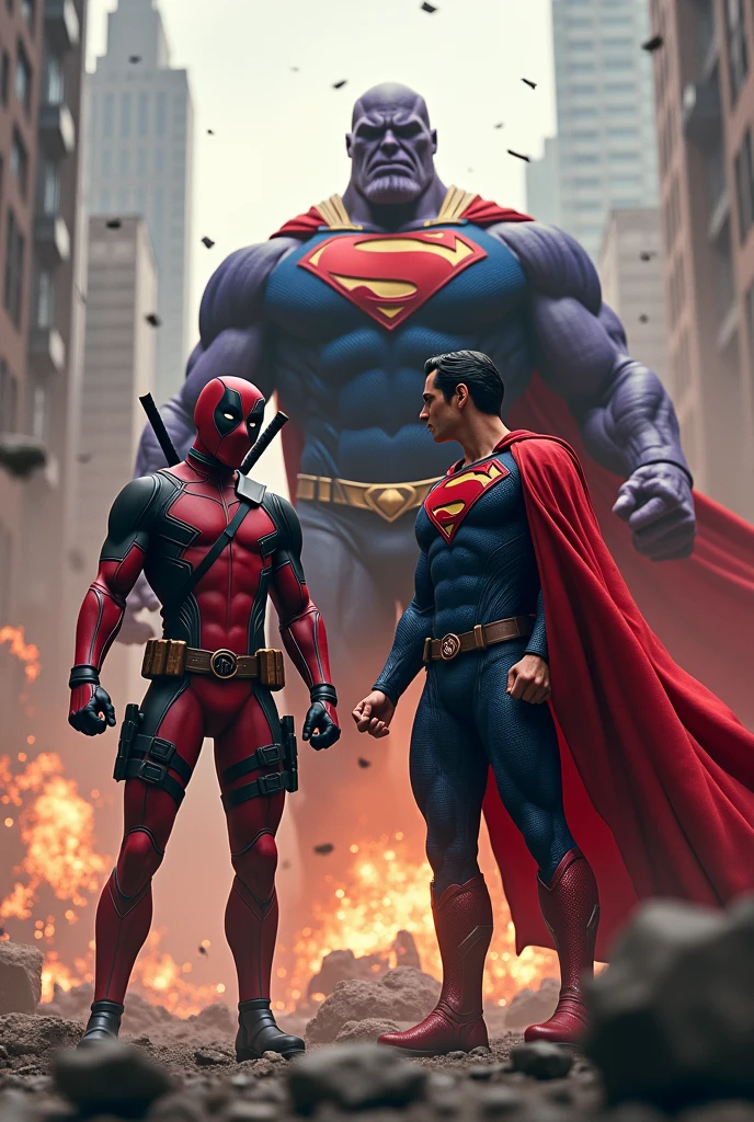 Deadpool and superman together fighting thanos