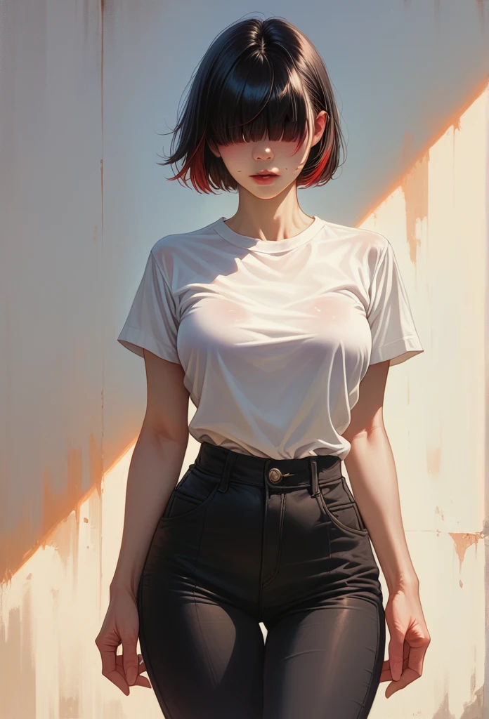 detailing face, detailing body, hair over eyes, 1 girl, Alone, hands, Asian, short black t-shirt, black pants, short black hair with red highlights, red eyes, realistic, textures, 8K, perfect hand, perfect anatomy, visible curves, Breasts