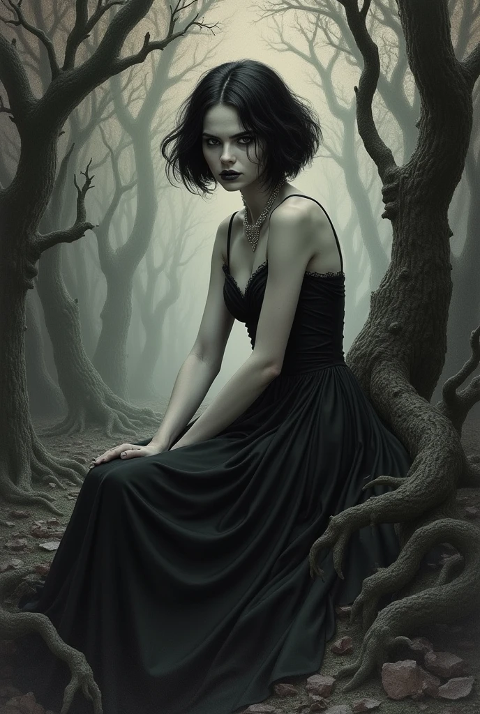Snow White from the children&#39;s story "Snow White"  but with the appearance of a villain. Snow White has short hair and a black dress.   Snow White is sitting in the forest. The Image that is a drawing for a story