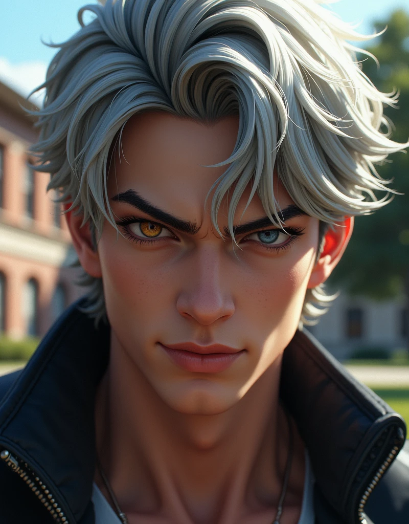 masterpiece, 2.5D, hyperrealism anime, close-up portrait, male, early 20s, intimidating presence, medium-length masculine-styled silver hair, striking heterochromia:1.4 {one steel gray eye, one amber eye}, intense gaze, chiseled jawline, confident smirk, hint of muscular physique, college setting background, preppy rich kid style clothing, sharp details, dramatic lighting, high contrast, ultra high resolution