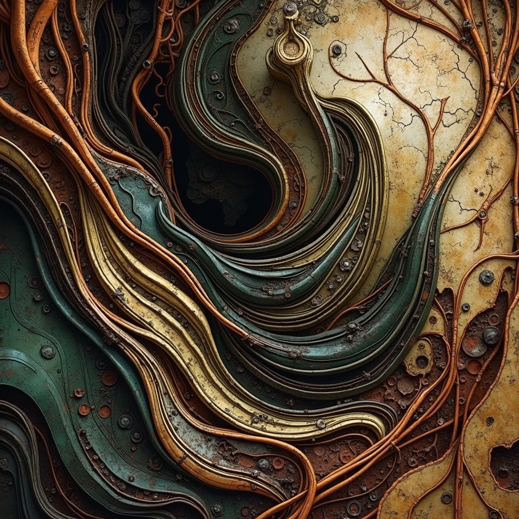 An abstract representation made of geometrical patterns and curved lines.((corruption,entropy,decay,resilient, toxic)),((dark green,rusted brown, yellow greenish)),((deep wiew)),photographic,ultra high resolution,hyperdetailed, masterpiece, 3d modelling, digital art, abstract art.
