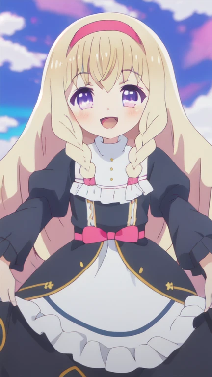best quality, highres, solo, {noire_foschurose_kumakumakumabear:1.15}, blonde_hair, long_hair, braid, bow, hair_bow, bangs, twin_braids, purple_eyes, smile, blush, open_mouth, 1girl, parody,pretty made dress, hairband