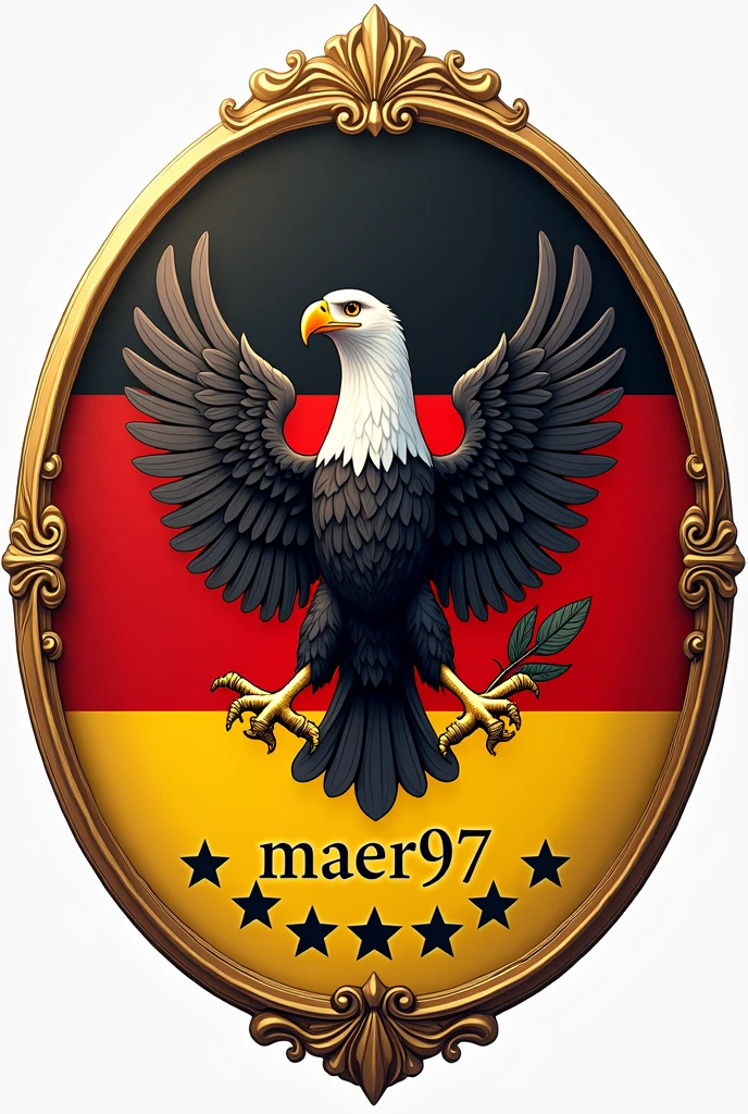 Create me an avatar with an eagle on the flag of Germany and with the nickname Maer97 and 6 stars below and with a beautiful golden frame in anime style and a round
