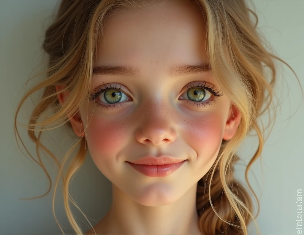 photorealistic, girl 2, honey blondy hair, green dark eyes, beautifull smile, detail face, headshot