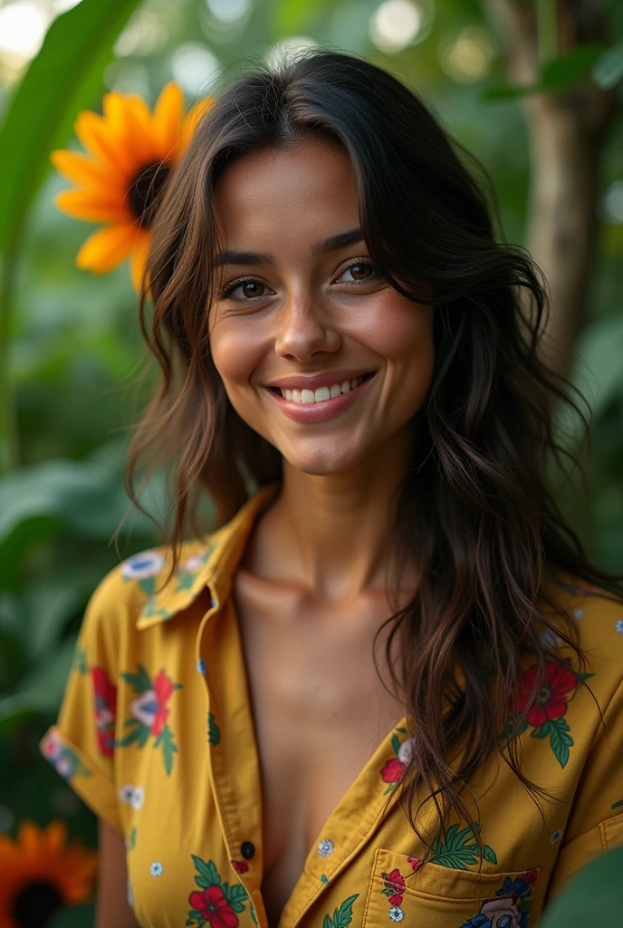 A Brazilian woman in a lush tropical garden, wearing an open shirt with a floral print, with a close-up capturing the harmonious beauty between her breasts and the natural flowers, showing off your natural charm and outgoing personality.