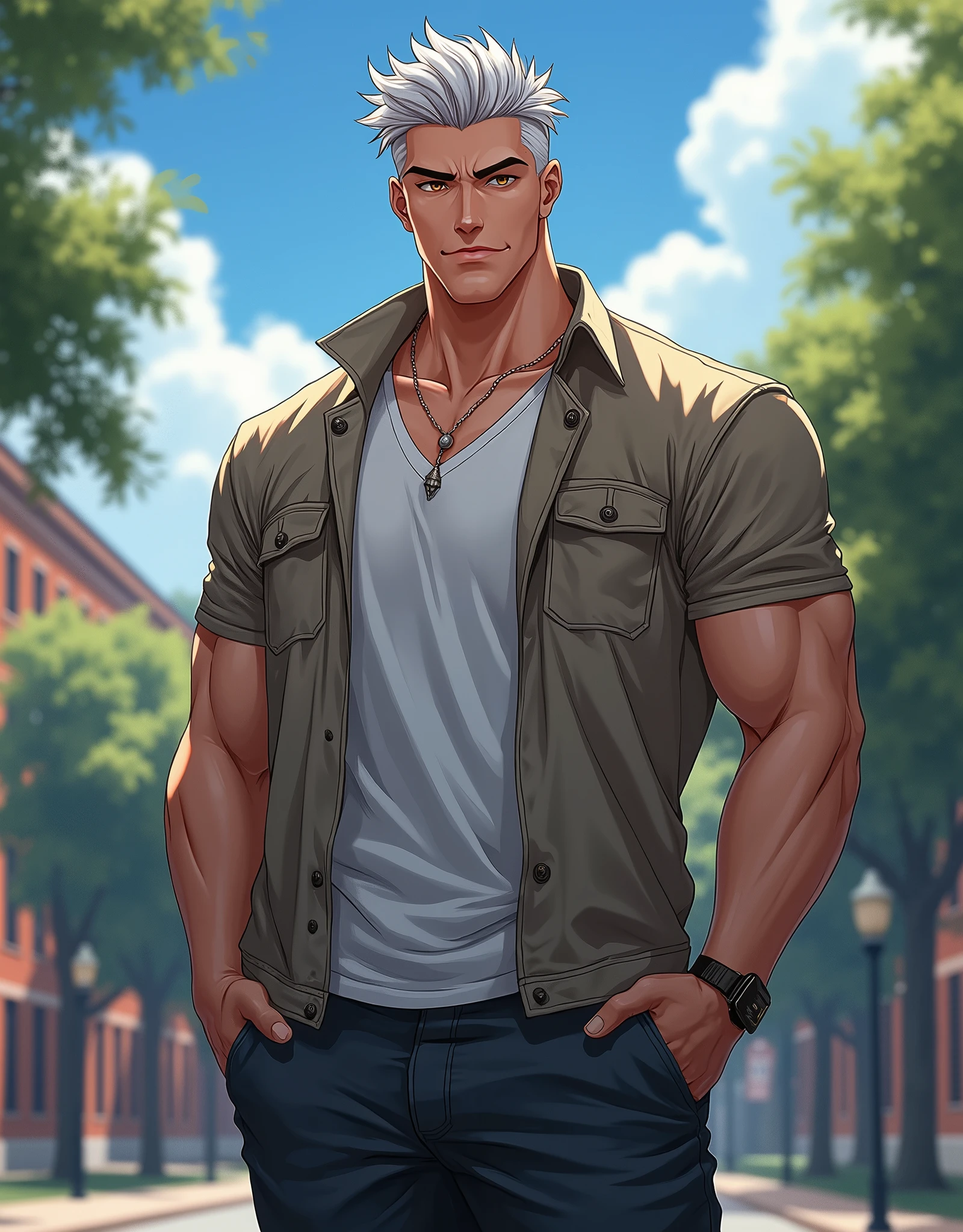 masterpiece, 2.5D, hyperrealism anime, male, early 20s, 6'6" tall, very muscular physique, medium-length masculine-styled silver hair, heterochromia eyes (one steel gray, one amber), chiseled jawline, intimidating presence, confident smirk, college setting, southern American, preppy rich kid style clothing, three-quarter view portrait, sharp details, dramatic lighting, high contrast, ultra high resolution