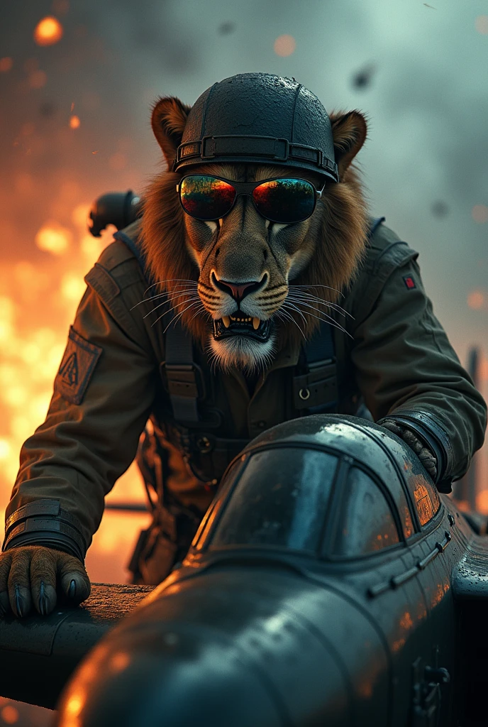 A fierce lion, clad in a soldier's uniform with a rugged helmet and mirrored sunglasses, firmly grips the controls of an airplane. The scene is dark and intense, with rain pouring down and flames raging in the background.