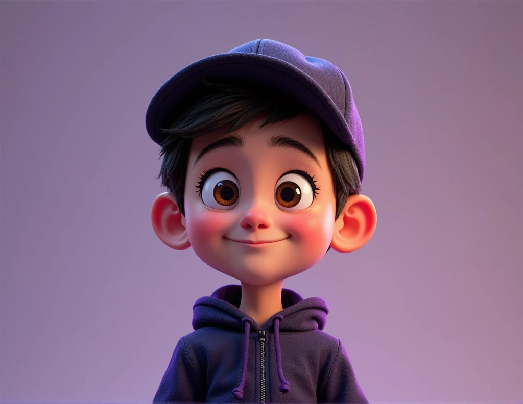 create a pixar style human character with a cap, having the clothes with the color palette of the full body black and purple clothes ( with the purple varying from a lighter shade to a darker one) looking at the screen in a charismatic way 