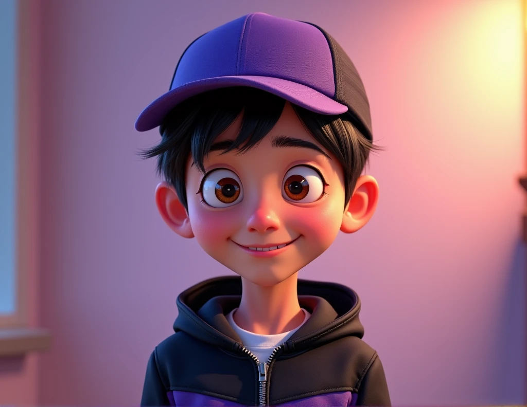 create a pixar style human character with a cap, having the clothes with the color palette of the full body black and purple clothes ( with the purple varying from a lighter shade to a darker one) looking at the screen in a charismatic way 