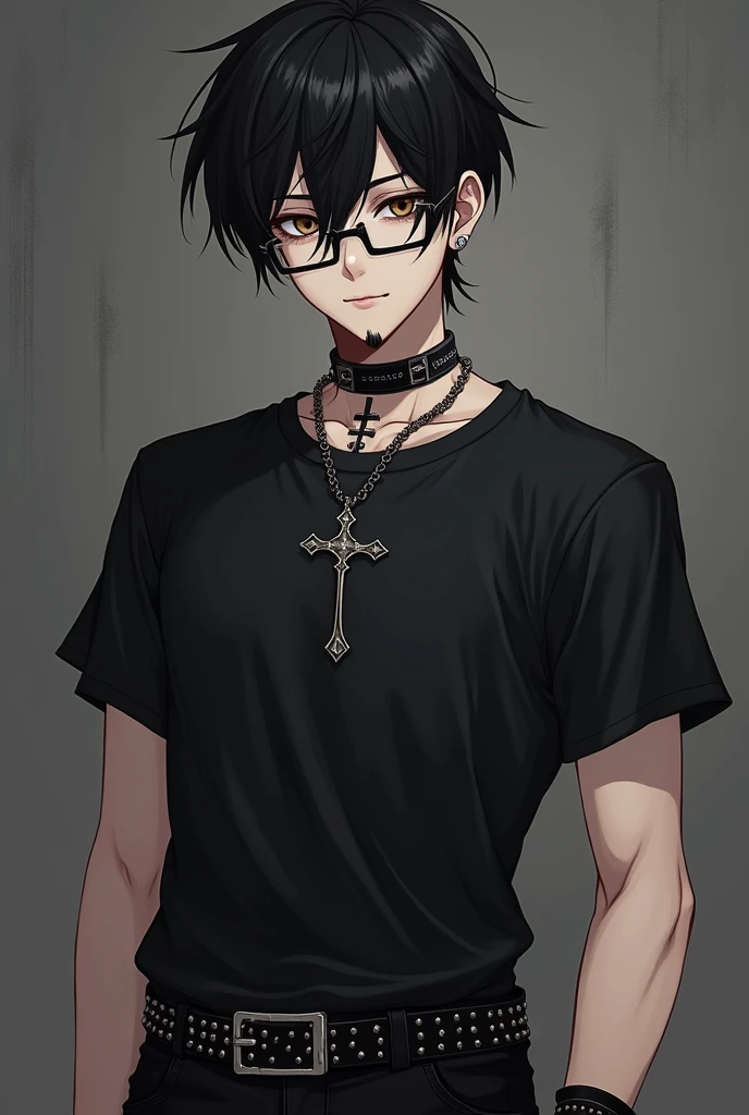 1 man, rectangle glasses, short black hair, black jeans, rectangular glasses, cross necklace, cross choker, sideburns, goatee, mustache, hazel eyes, black band t-shirt, Gothic, (anime), masterpiece, studded belt, black leather bracelet, square face,