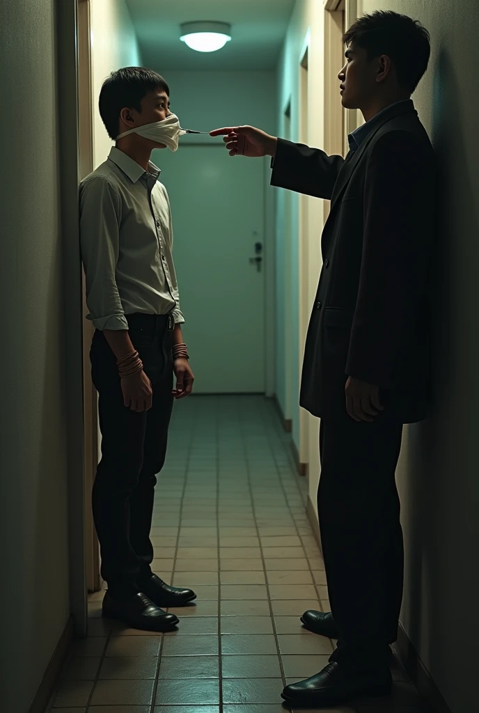 Naim is a 2 handsome student with a neat shirt,wearing loafers and black socks from Malaysia was kidnapped, tied at the hands and feet in the chair,his mouth was covered with a rag There was a man kidnapper who kidnapped Naim pointing a chicken feather at Naim to force Naim to tell a secret