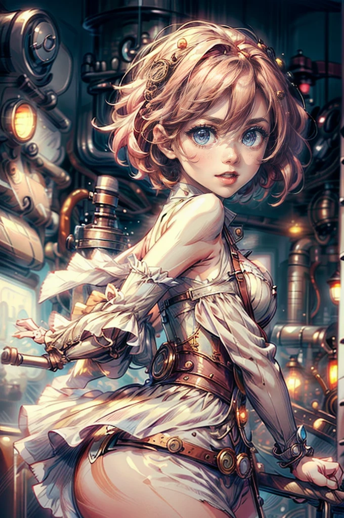 (masterpiece), 1girl, fair skin, beautiful make-up, fair skin, short hair, pink hair,  steampunk, belt, corset, natural breasts, smiling , sultry posing, serenity, beautiful scenery, steampunker, stmpunkai, cog, mgog, white shirt, pink skirt, steampunk city scenery, night time, 