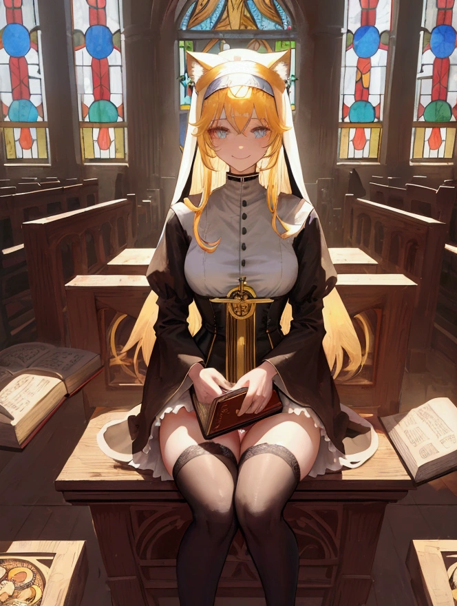 Beautiful Woman, Long blonde hair, Cat ears, Cat tail, Nun habit, black corset, shy smile, looking up at camera, mini skirt, white panties, black thigh high lace stockings, holding a holy book with gold crucifix on cover, sitting down on church pew, stained glass windows in background, castle church, symmetrical face, amber eyes, sunrise, god rays