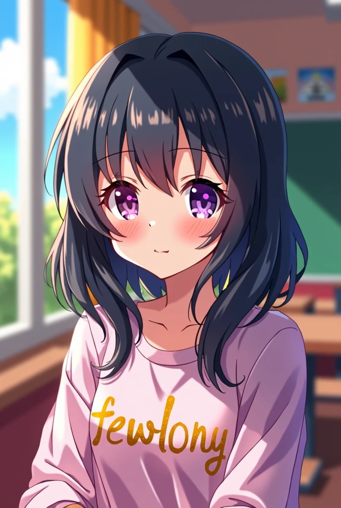 kawaii anime elementary school girl with black hair and pink and purple eyes (one eye is pink and the other is purple) wearing a shirt that says “fewlony”