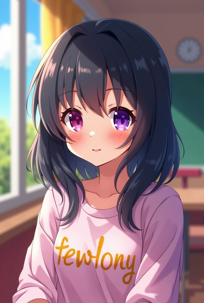 kawaii anime elementary school girl with black hair and pink and purple eyes (one eye is pink and the other is purple) wearing a shirt that says “fewlony”