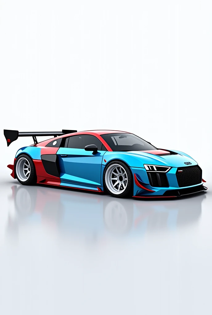Audi r 8 Sport Chrome Baby blue color Big spoiler in chrome red Maximum tuning Side picture White tires Neon lights 