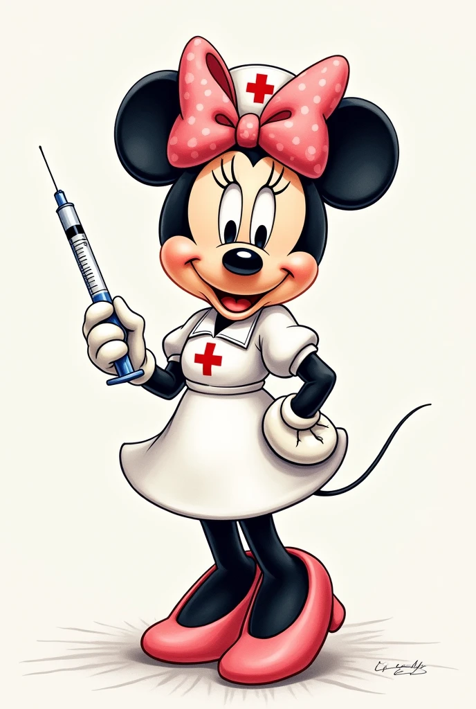 minnie mouse disney hand draw dressed as a nurse holding a syringe
