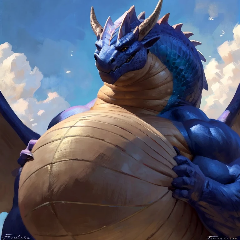 Detailed painting, by Taran Fiddler, closeup, outlook view, wide angle, dragoness, full body, feral, dainty, friendly, colorful, rounded snout, wings, pregnant-like belly, round belly, dominant belly, huge belly, bloated belly, big muscles, wide body, thick body muscles, powerfull muscles, beefy muscles, thick neck, beefy neck, tall, enormous, giant, gigantic, colosssal size, gargantuan, kaiju, powerfull look, badass look, looking at viewer