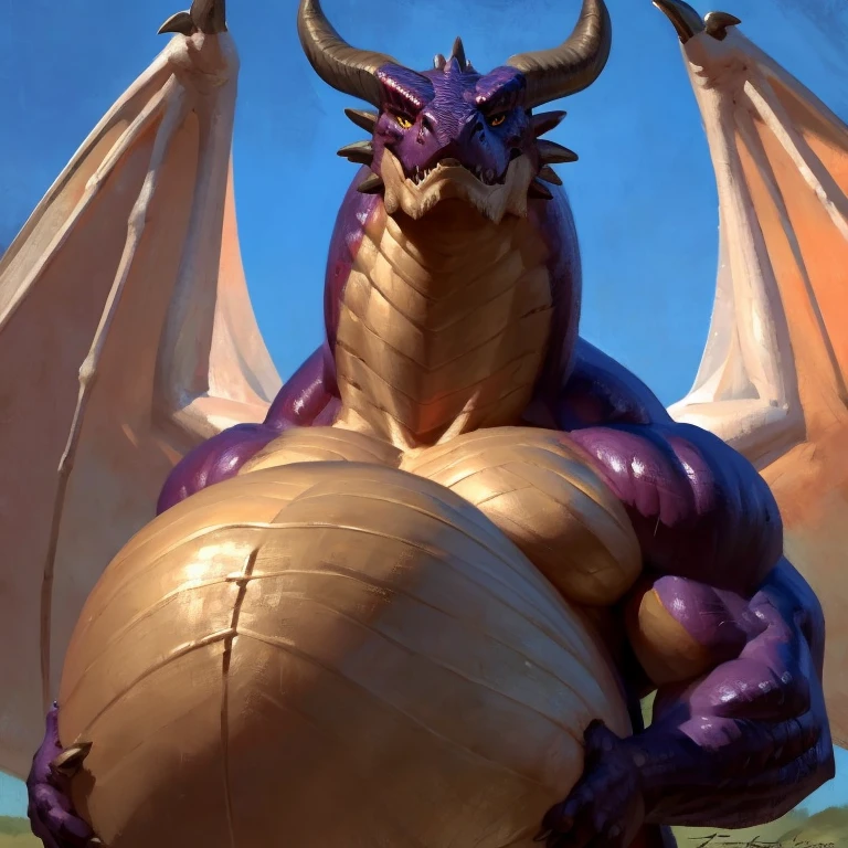 Detailed painting, by Taran Fiddler, closeup, outlook view, wide angle, dragoness, full body, feral, dainty, friendly, colorful, rounded snout, wings, pregnant-like belly, round belly, dominant belly, huge belly, bloated belly, big muscles, wide body, thick body muscles, powerfull muscles, beefy muscles, thick neck, beefy neck, tall, enormous, giant, gigantic, colosssal size, gargantuan, kaiju, powerfull look, badass look, looking at viewer