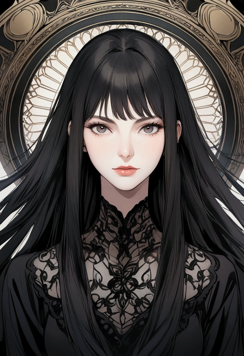 slender, mature female, rating:safe, 1girl, solo, lips, nose, black_hair,closed_mouth, face,  long_hair, upper_body, bangs