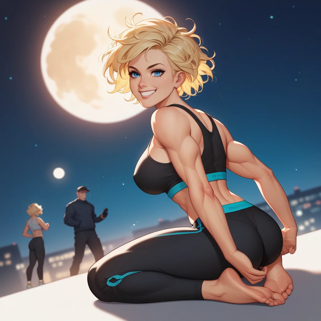 (masterpiece), Blonde Caucasian Woman, short hair, Messy Hair (Highest quality), Super Resolution, Super detailed, Perfect lighting, An athletic body, Strong and muscular, Large and firm breasts, Black sweatpants, Wearing a black top, Black leggings, Facial expression happiness, Focus on women, In combat readiness, blue eyes, smile, Yellow sneakers, Manhattan at night, moon