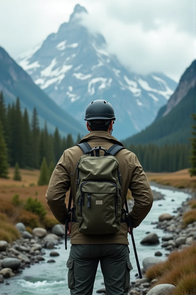 fot, photo of man from behind, standing alone, hiking, plein-air, (giorno), mountainscape, real life nature, floor, clouds, happy, glad, canvas jacket, helmet, forst, stones, Riu, Wood, smoke, fog, texture skin, photo grain, close up, CRU photo