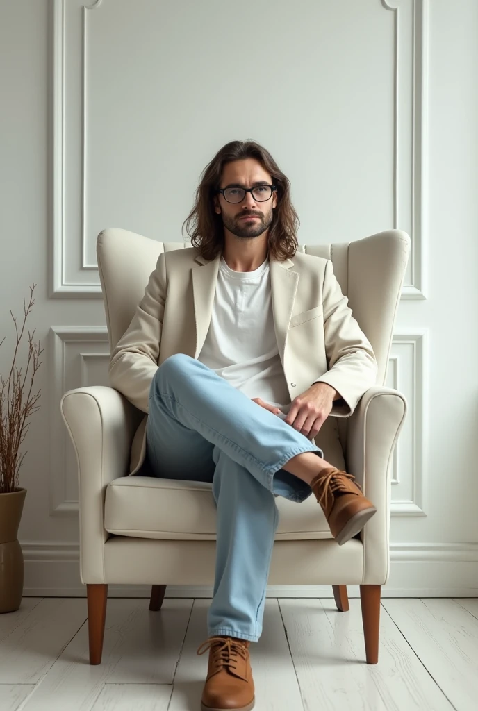 ((Very detailed)),A man sitting on a simple yet stylish chair,Angle from the front,Sitting and relaxing,Casual and stylish,Pale colored jacket,Glasses,Long Hair, ((masterpiece, Highest quality, Very detailedCG, unity 8k wallpaper )),(masterpiece, Highest quality, Highest quality, Official Art, beautiful),Very vivid,High-precision images,Ultra-high resolution,Poster Art,Impressive photos,Looking away,beautiful顔,Perfect Face,CD jacket,Simple room with white walls