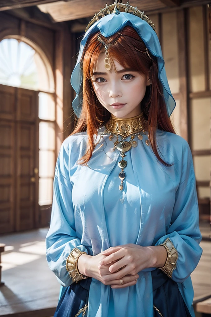 1 Beautiful Woman, Nilou (Genshin Impact), red hair, blue yeys, Desert Princess,Aladdin,Tanned skin(((The eyes are very delicate)))(((Hair accessories)))(((veil:24))))(((veil))),necklace,Wearing a blue conservative silk dress, ((Royal Palace))(((masterpiece))), ((best quality)), ((Intricate details)), ((Surreal))(8K)