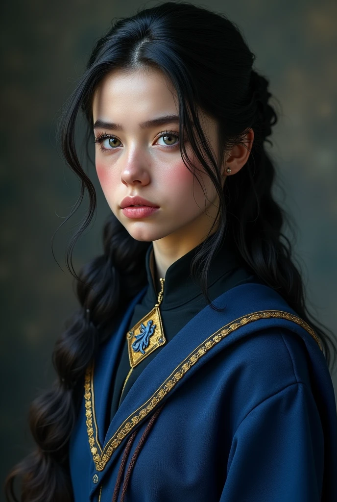 (Photorealism:1.2) she has a rosy complexion, de longs cheveux noirs semi-attachés, des yeux bleu-gris et elle porte un uniforme serdaigle, diamond shaped and stoic face