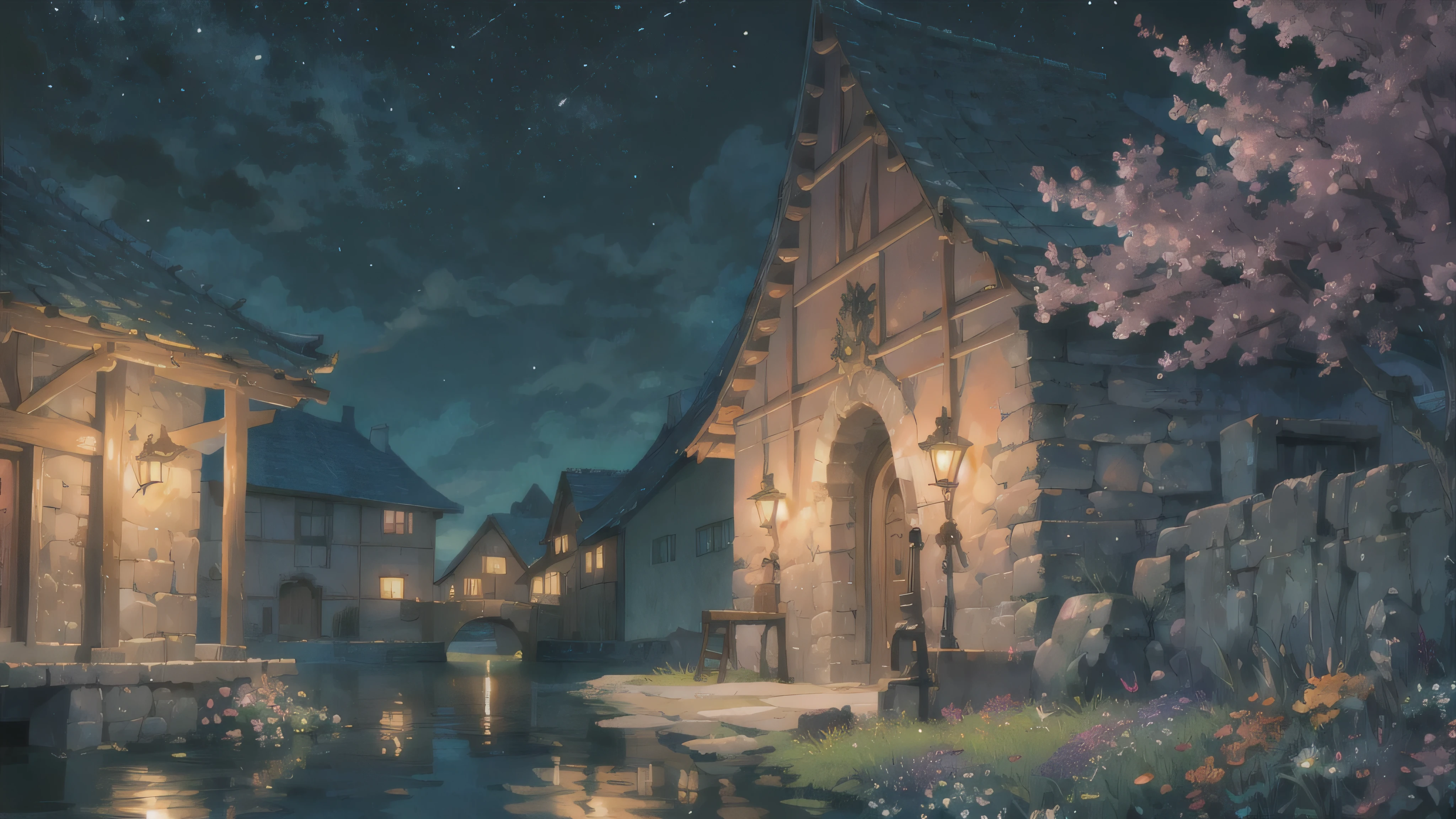 masterpiece, best quality, potg style, scenery, water, night, (flower:1.3) \