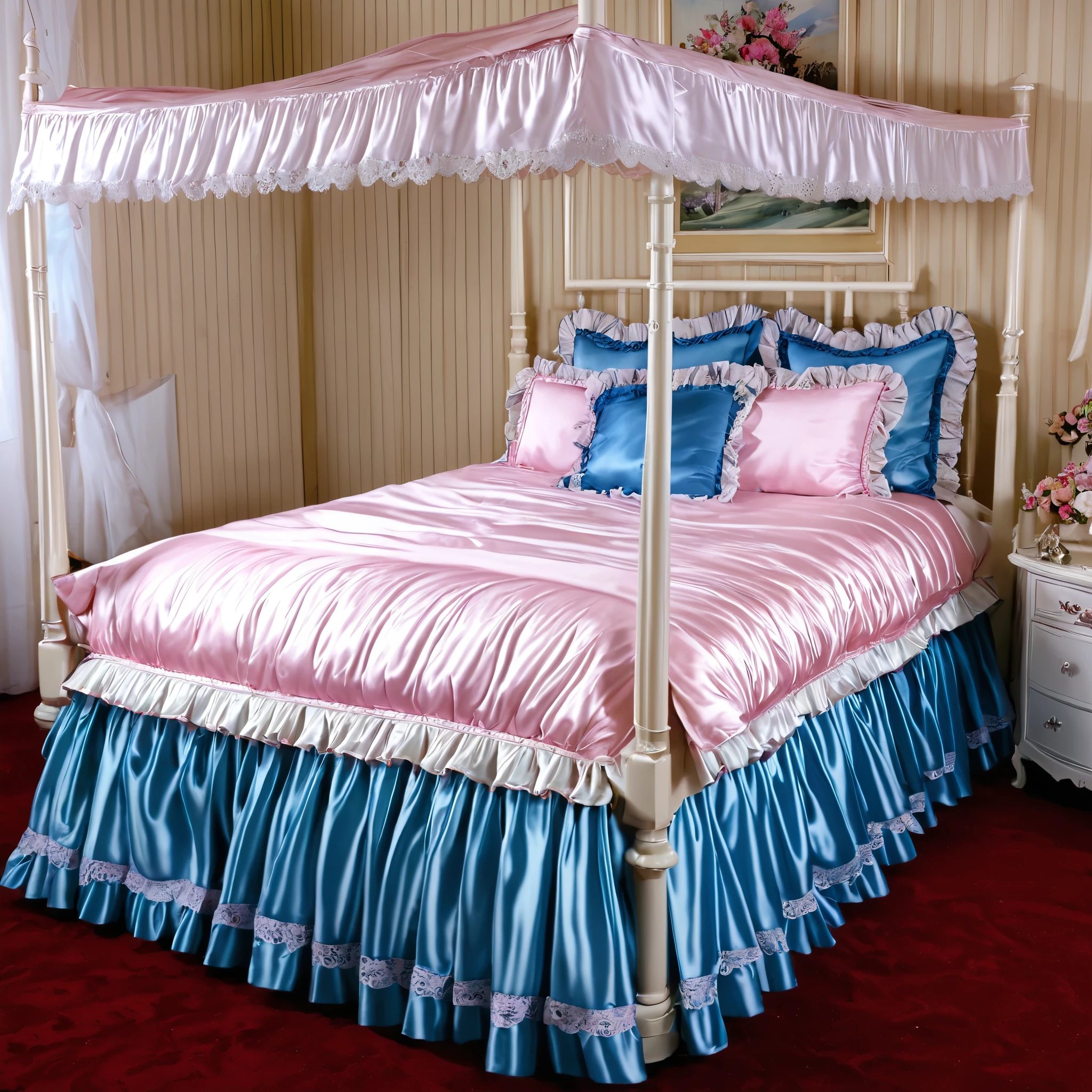 Beautifull 1girl on the bed,early age,detailed baby face,small face,a pink silk satin frilled blouse and skirt,medium dress,detailed ribbons,detailed lace petticoat,frilled sleeves,,a bed with a mountain of silk satin pillows,canopy bed,king size bed,more big bed,lot of silk satin frilled pillows,more pillows, A plump qulited silk satin soft devet,devet decorated ribbons, ruffles lace silk.retro white pipe bed frame, realistic, blue eyes, rolled long blond hear,