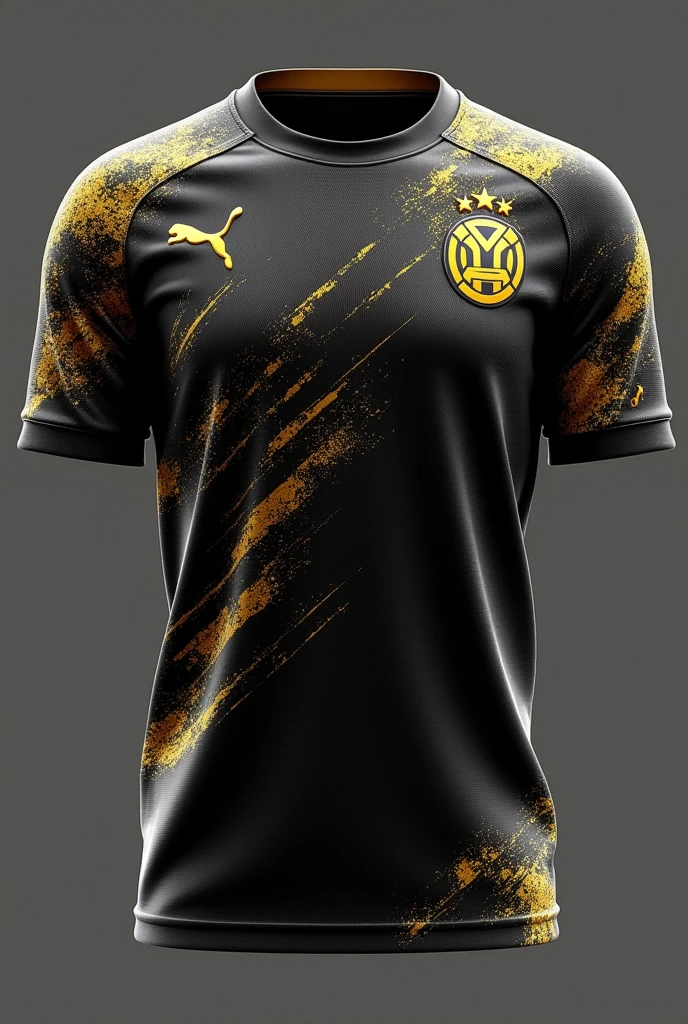 A black soccer jersey with designs and gold on the back and another more special design on the front but not so special that it has several things on the front and back like a splash paint on the back not on the sides that has a bit of stripes and the back is more creative that has a bit more gold without the horizontal stripes but with more gold another design